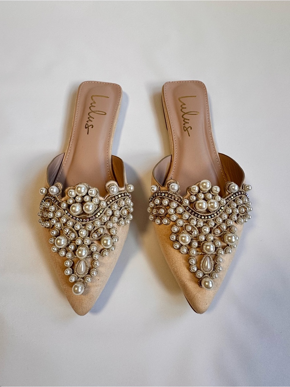 Lulu's Pearl-Embellished Nude Pointed-Toe Mules